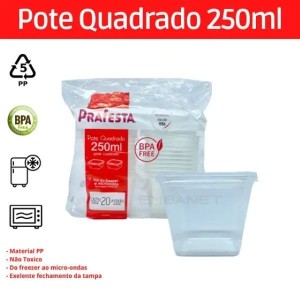 POTE QUADRADO COM TAMPA – 250 ML – KIT COM 20 UNIDADES
